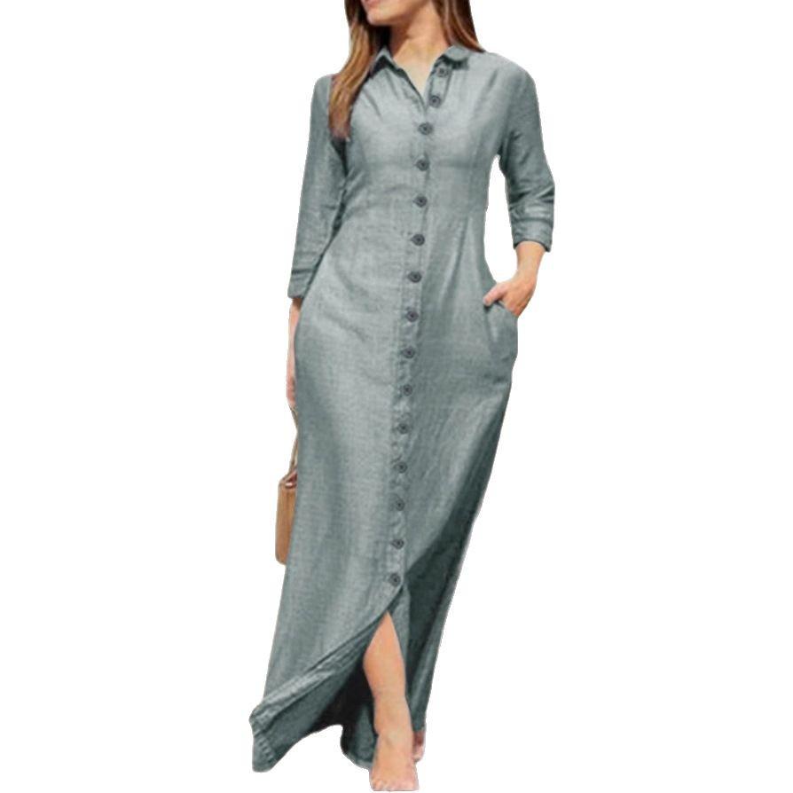 Elegant European & American Women's Long Sleeve Cotton Linen Cardigan Dress