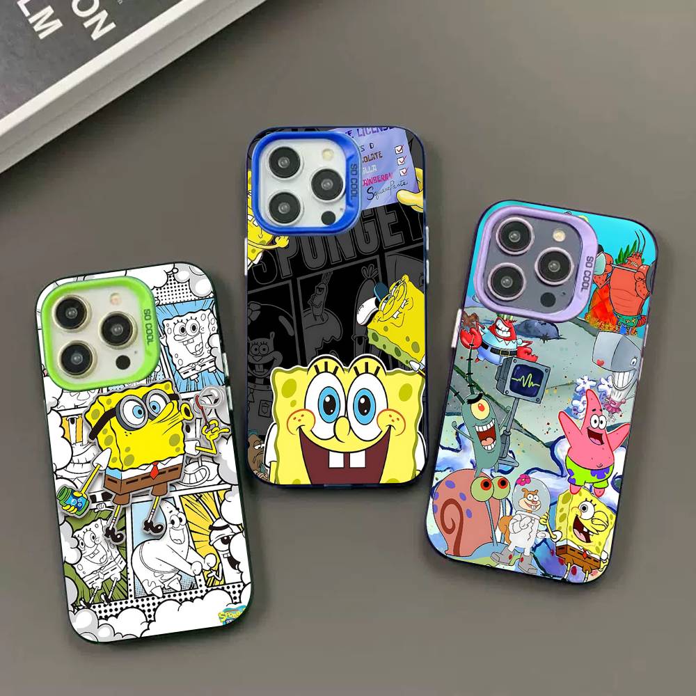 Cartoon Niedlich S-SpongeBob Anime Handyhülle Für IPhone 17 16 15 14 11 12 13 Pro Max Pro Plus Farbige Silberne Hülle
