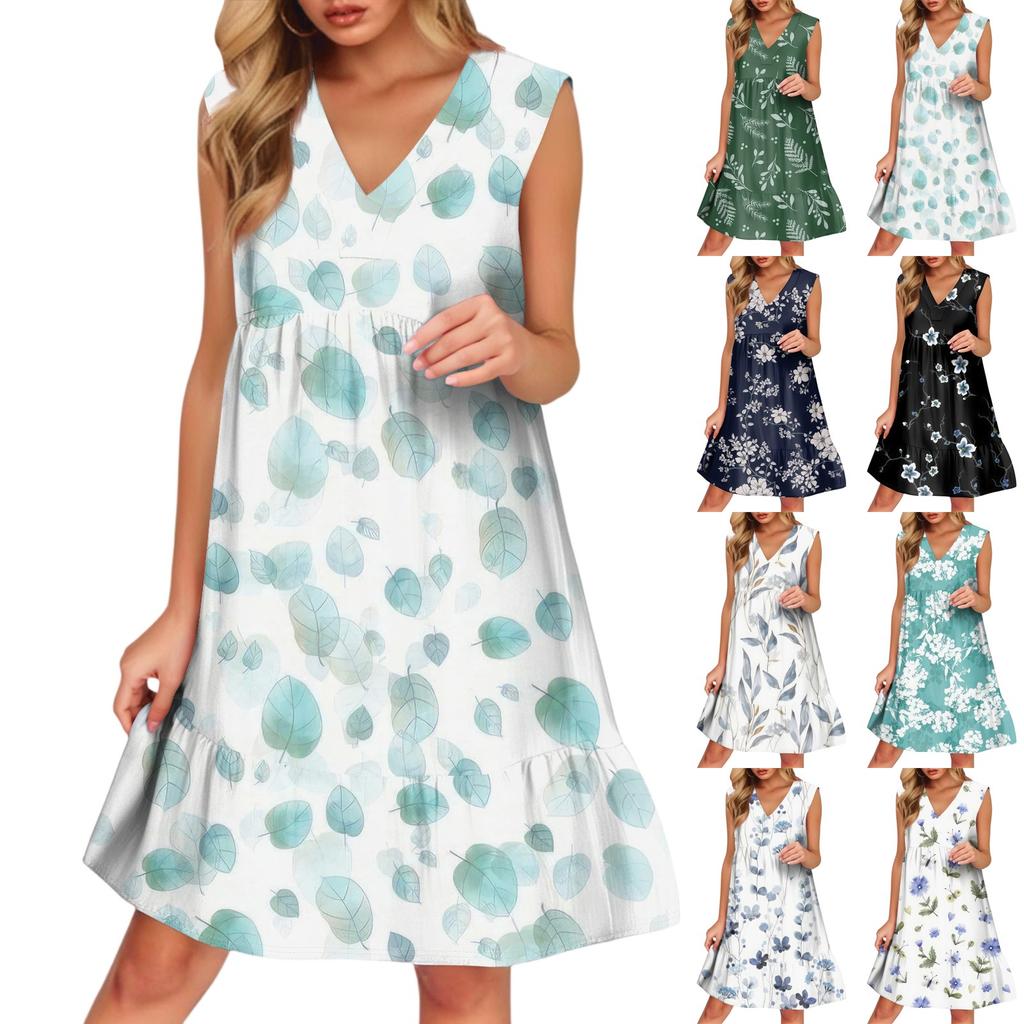 Women's Casual Fashion Breathable V-neck Vest With Pockets Floral Holiday Dress