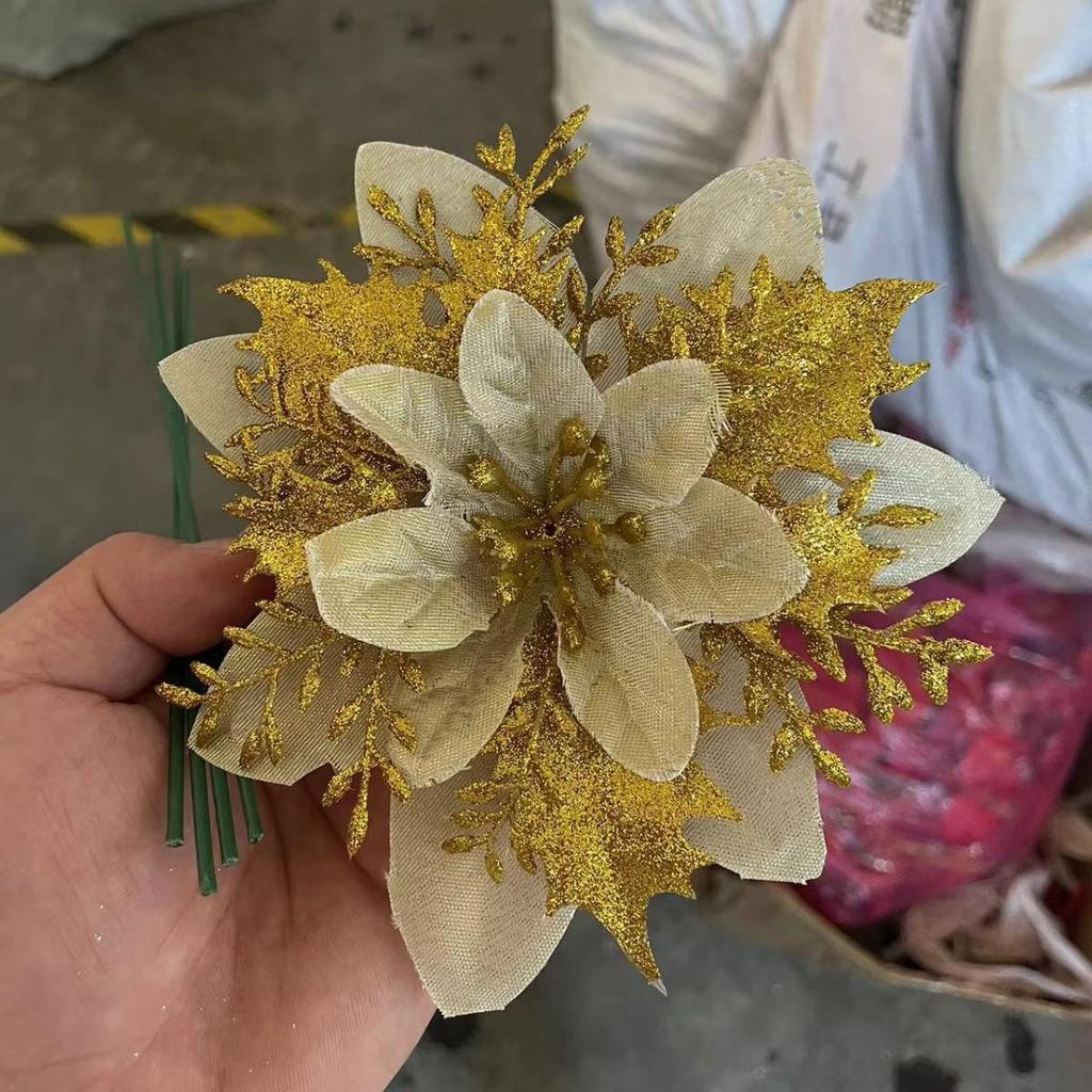 Red Christmas Flower Decoration with Clip and Gold Glitter for Wreaths and Weddings