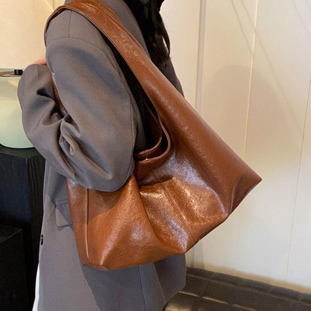 Tote Bag Large Capacity Handbag Solid Color Underarm Packs Cute Retro PU Tote Bag  Women
