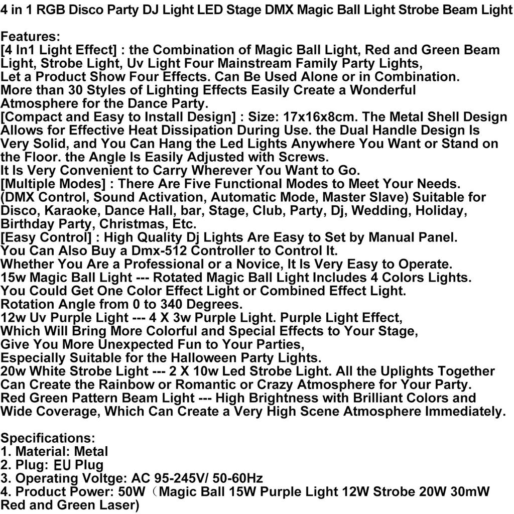 4 In 1 RGB Disco Party DJ Light LED Stage DMX Magic Ball Light Strobe Beam Light