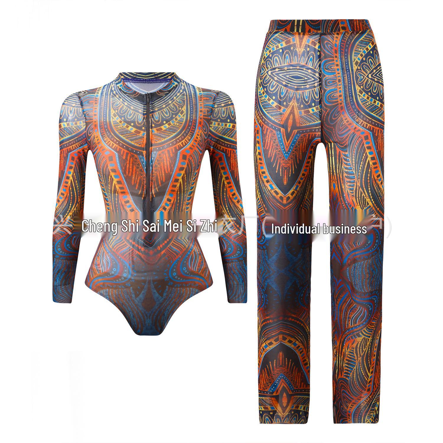 Women s Long-Sleeve Mesh Sun Protection Swimsuit with Pants XXL узор 8