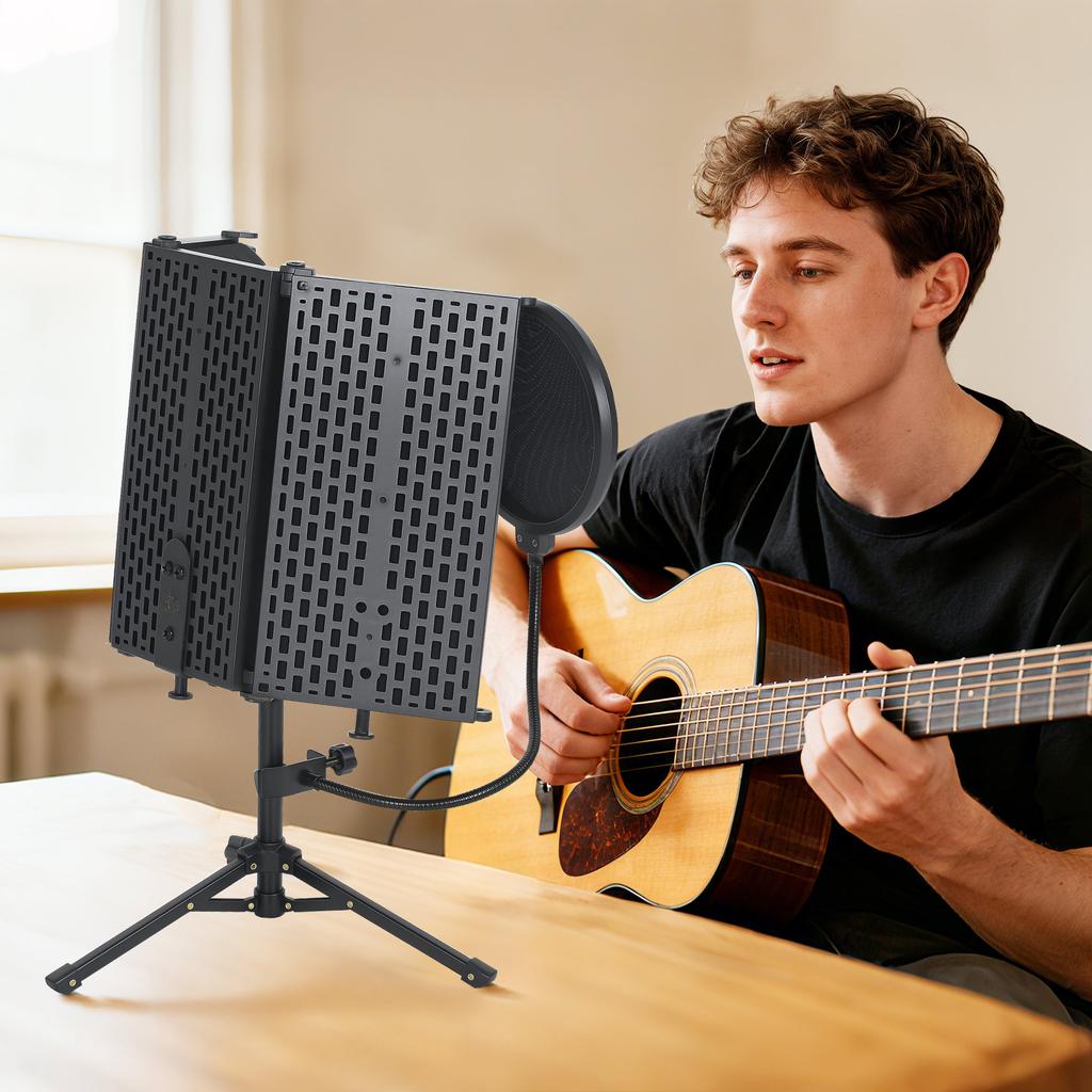 Studio Microphone Isolation Shield with Pop Filter and Tripod Stand, Foldable Adjustable Recording Studio Equipment