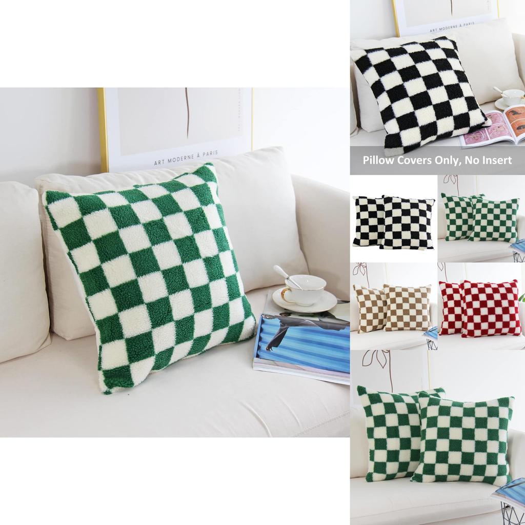 Geometrische Karierte Sherpa-Fleece Kissenbezüge Für Sofa Wohnzimmer Heimdeko