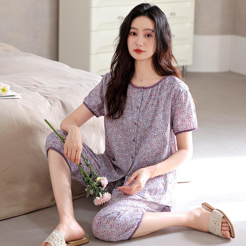 Woven cotton gauze pajamas women's summer pure cotton cropped pants autumn cotton large size summer thin loungewear
