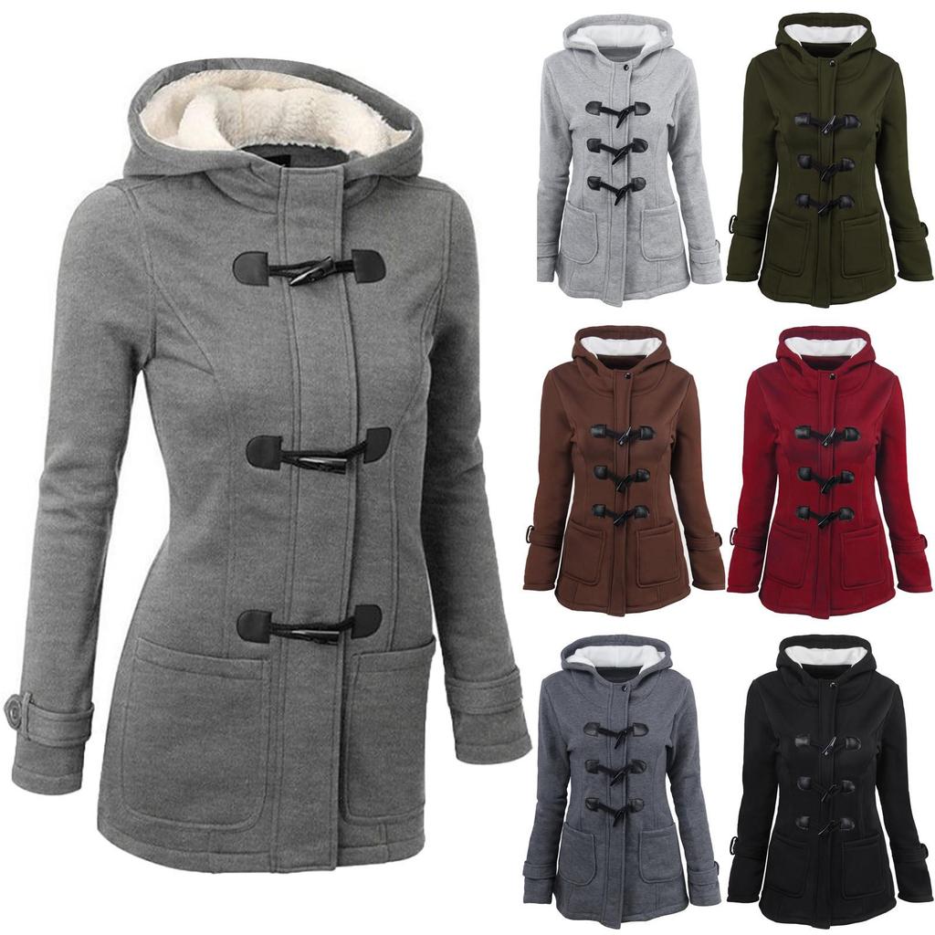 Frauen einfarbig Horn Knöpfe Strickjacke gepolsterte Kapuze Mantel Jacke Mantel