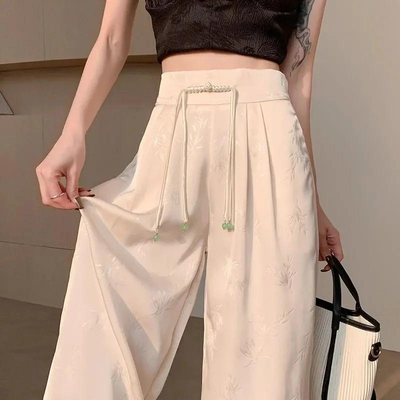 Summer Jacquard Wide-Leg Pants Women's High Waist Casual Pants Black Spring Autumn Fashion Trousers
