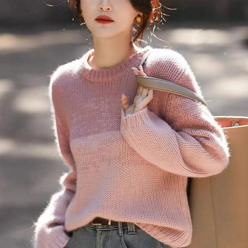 Women's High-End Gradient Color Loose Crew Neck Knit Top Autumn Winter Retro Sweater Inner Wear Base Layer