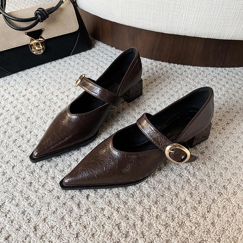 

2025 новая корейская версия осень и зима модные туфли-лодочки на среднем каблуке модные одинарные туфли на толстом каблуке Мэри Джейн женские туфли модные универсальные 40 коричневый