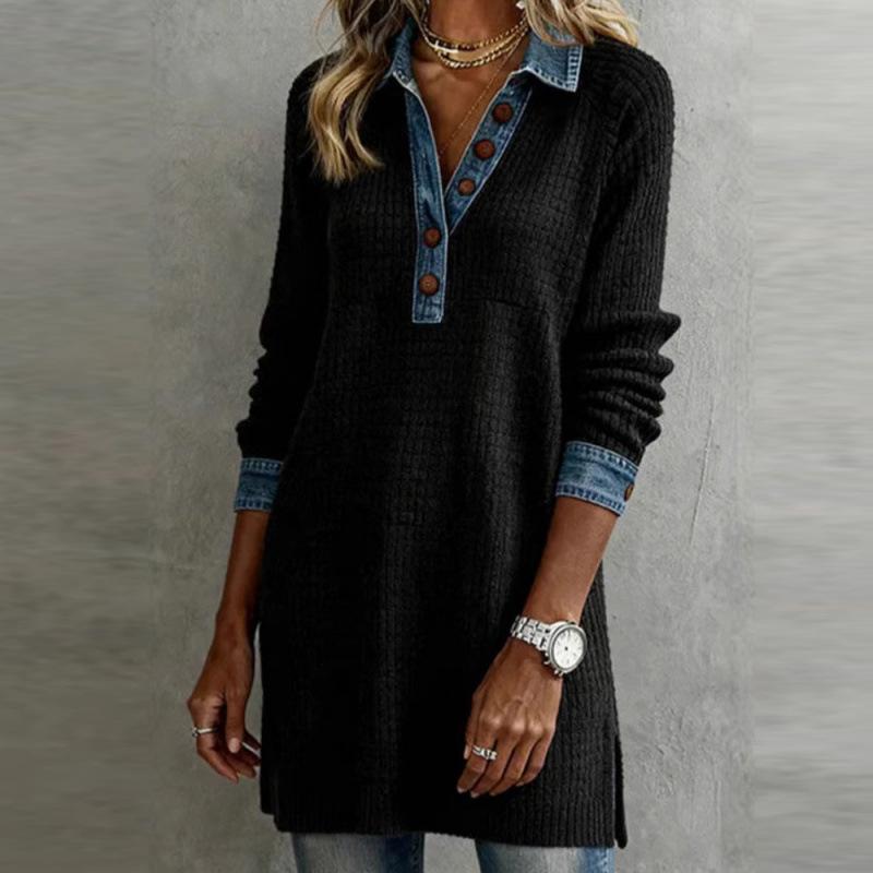 

**Patchwork Long Sleeve Lapel Button Dress - European & American Cross-Color Casual Women s Fashion** Large чорний