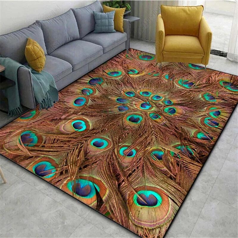 Peacock Feather Pattern Area Rug Colorful Animal Bird Fur Non-slip Carpet, Living Room Bedroom Polyester Mat Home Decor Doormat
