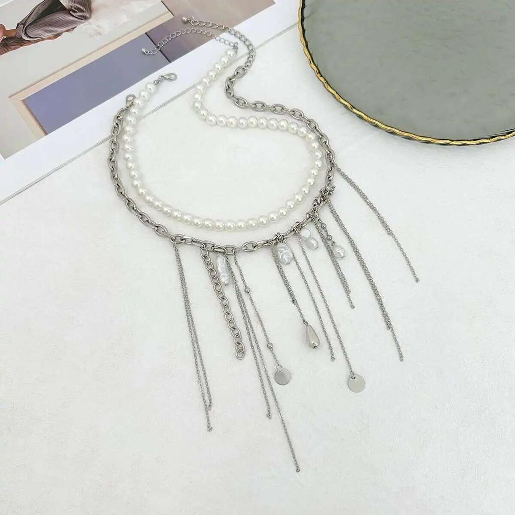 Salircon Elegante Imitation Perlenkette Damen Vintage Metallkette Quaste Halskette Party Hochzeit Modeschmuck Mädchen Geschenk