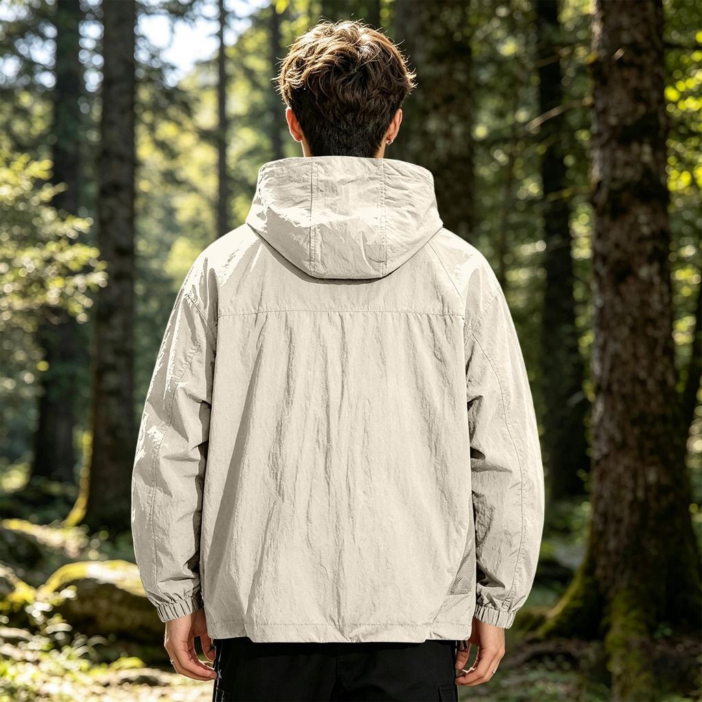 Men's Lightweight Sun Protection Jacket Breathable Outdoor Skin Coat with Hood Full Zip Front and Multiple Pockets for Sports and Casual Wear