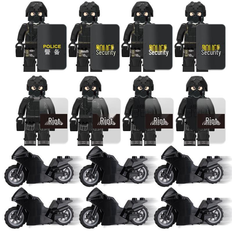 Набор из 8-ми строительных блоков SWAT Military с минифигурками, мотоциклом, оружием и щитами