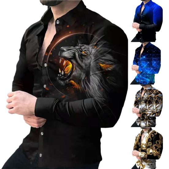 Cuello vuelto Manga Larga Camisa de Hombre Puños con Botón Estampado Cielo Estrellado Slim Camisa de Oficina Ropa Masculina