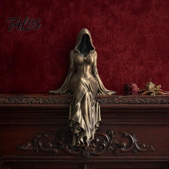 Feminin Gotisk Skulptur Dödsgudinna Figur, Eterisk Huvförsedd Figur Skulptur, Mörk Flödande Klänning Staty Fantasy Samlarobjekt för Skrivbord Bokhylla