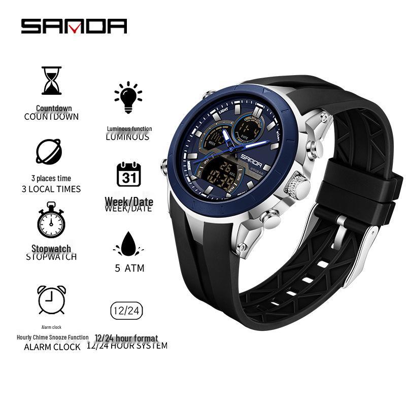 Sanda Dual Display Men s Sports Watch - Multifunctional, Luminous, Waterproof Timer for Students