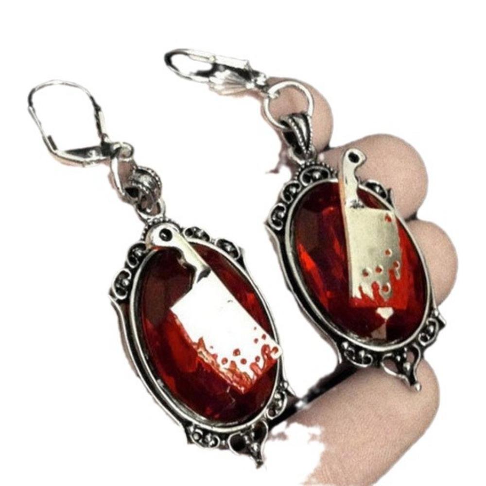 Gothic Sliver Color Geometric Oval Relief Bloody Meat Cutting Knife Dangle Earrings for Women Halloween Demon Style Jewelry