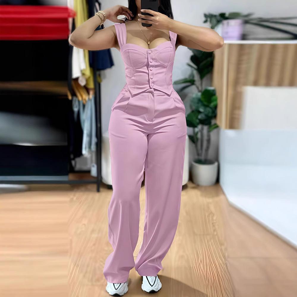 Light Blue Halter Neck Top and Wide Leg Pants Set for Women