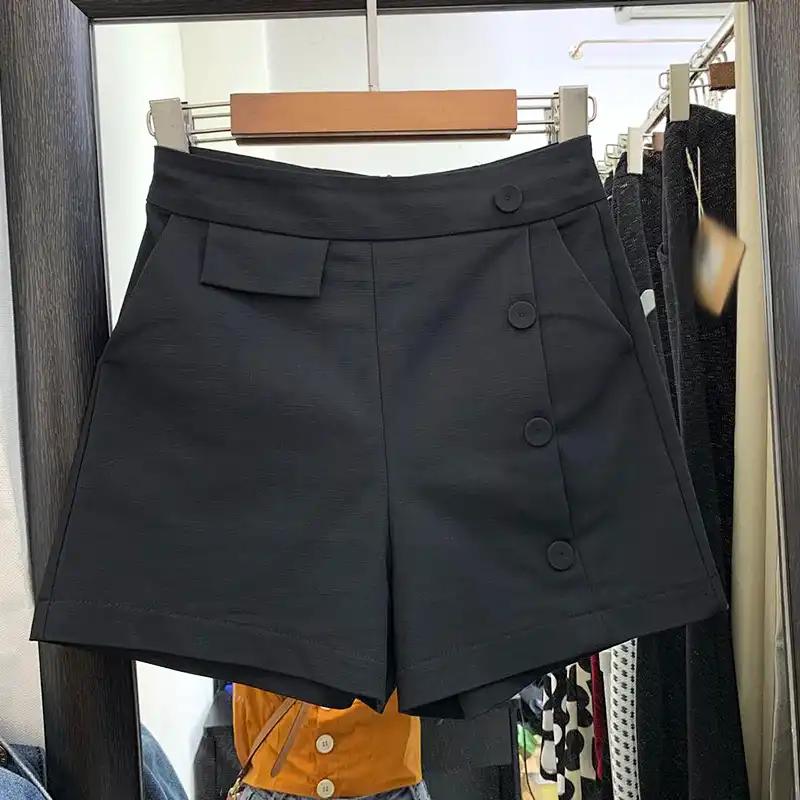 Women's Beige High Waist Shorts Double-Breasted Casual Summer Wide-Leg Shorts
