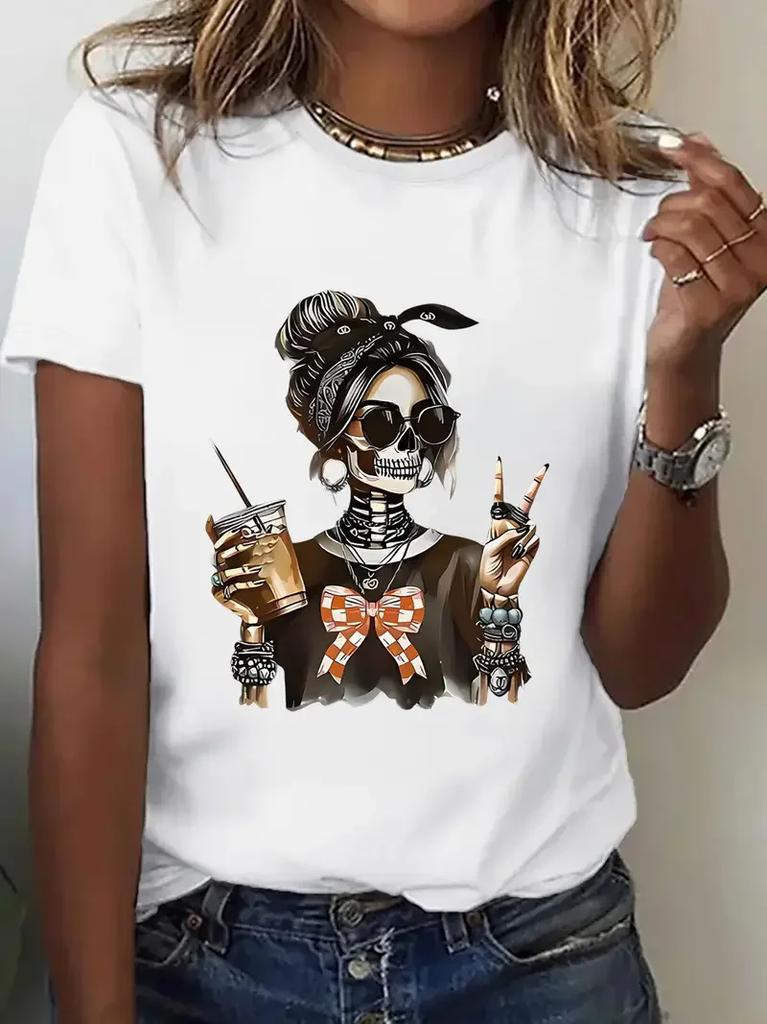 Unisexs Halloween Skeleton Graphic Print Tshirt Skull Printed Short Sleeve T Shirt Clothing Top Tee Summer Ladies Girls Shirt