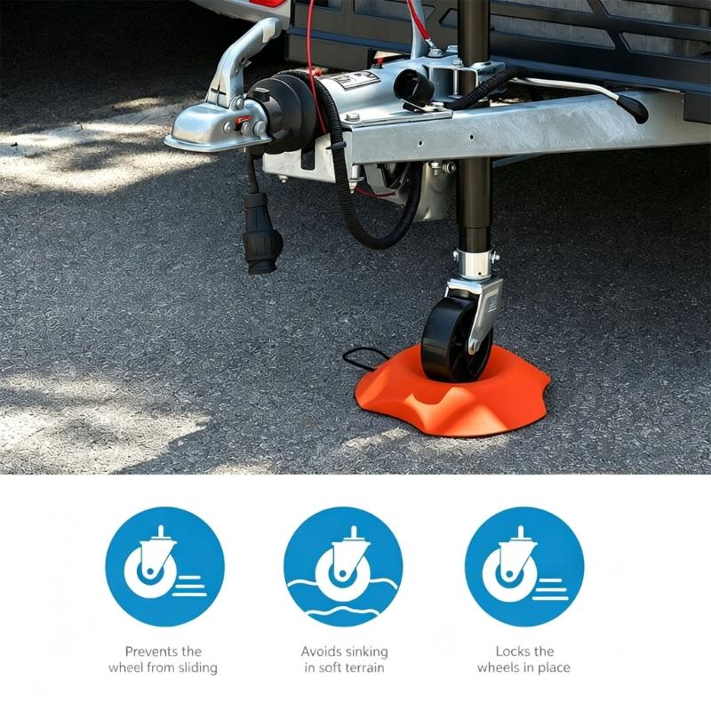 Trailer Caster Wheel Support Base with Curved Center Area, Orange Plastic Tongue Wheel Dock with Pull Rope for Campground and Garage Parking
