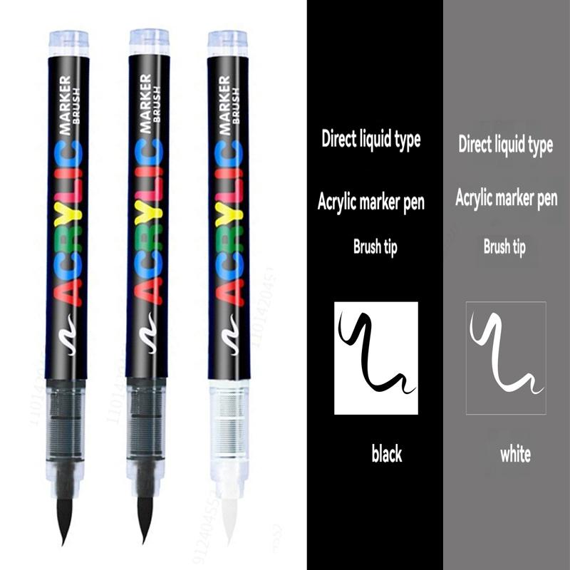 3/6Pcs Acrylic White Marker Brush Pens Black Paint Art Markers Set for Rock Painting Stone Ceramic Wood Tire Fabric Metal Canvas
