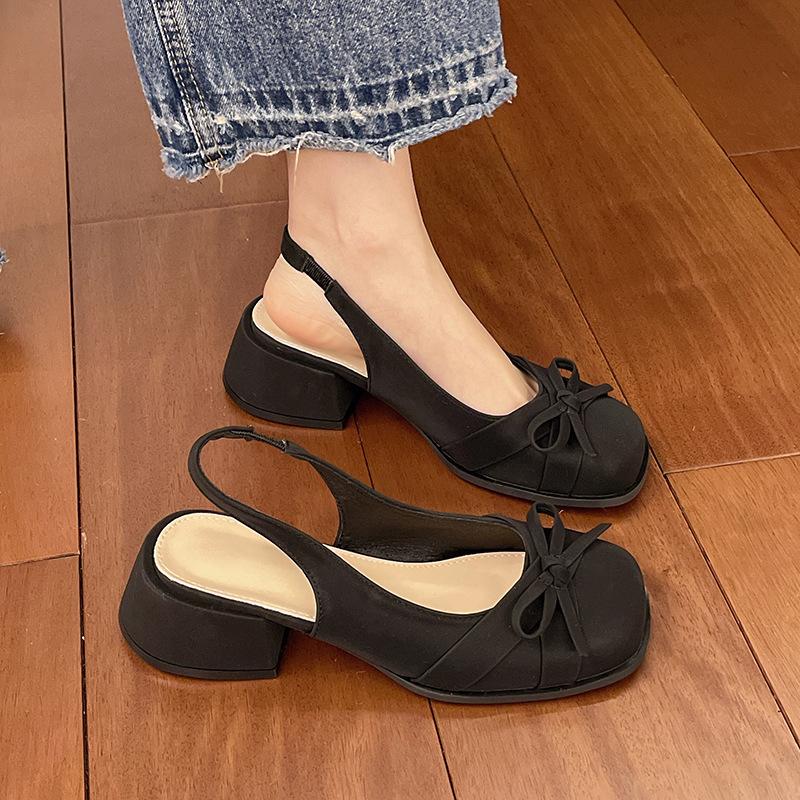 Summer 2025 New Sweet Small Square Head Thick Heel Bow Bag Head Sandals Femininity Rear Strap Women's Shoes