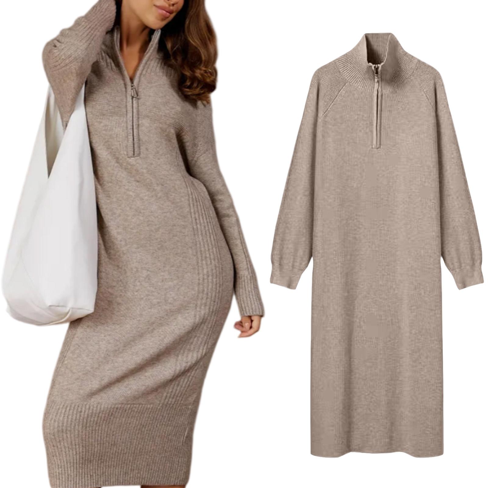 Women s Chunky Knit Thermal Dress With Zip Fastening Casual Loose-Fit Wool Dress One Size хаки