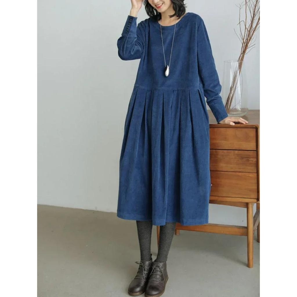 LYRIA Dress for Women Autumn Winter Japanese Korean Fashion Loose Casual Corduroy Clothing  Vintage Elegant Long Sleeve A-line Dress