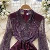 Chic French Style Evening Party Dress for Ladies V Neck Long Sleeves 3D Floral Mesh Sequins Satin Splice Senior Dresses