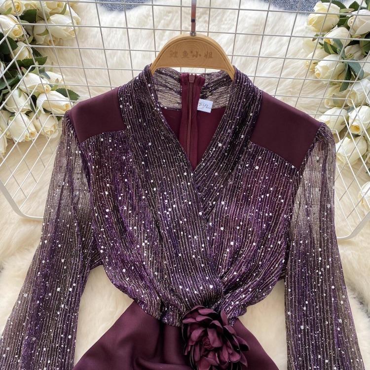 Chic French Style Evening Party Dress for Ladies V Neck Long Sleeves 3D Floral Mesh Sequins Satin Splice Senior Dresses