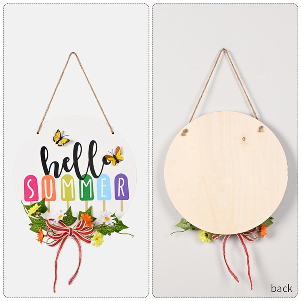 Hello Summer Wooden Door Sign with Bow Wreath 30cm Rustic Home Decor