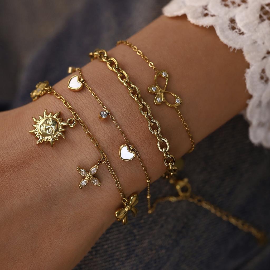 Waterproof Non Tarnished 18K PVD Gold Stainless Steel Stacked Flower Multi-layer Heart-shaped butterfly Bracelet