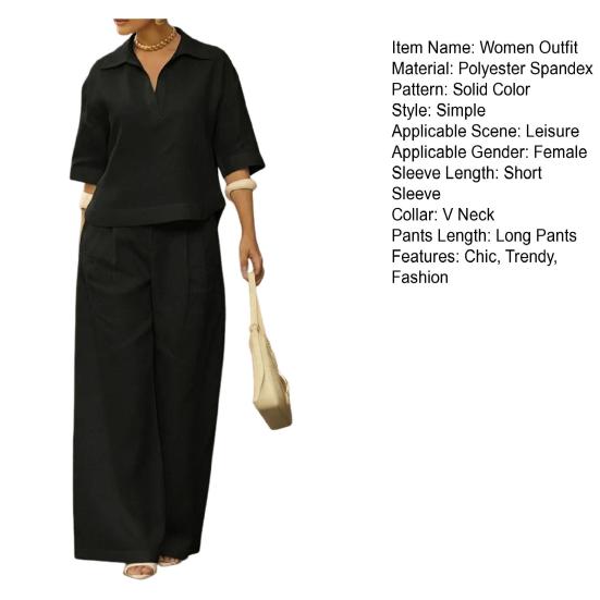 Women's 2 Piece Sets Casual Short Sleeve Lapel V Neck Top And Wide Leg Pants Summer Travel Vacation Lounge Outfits
