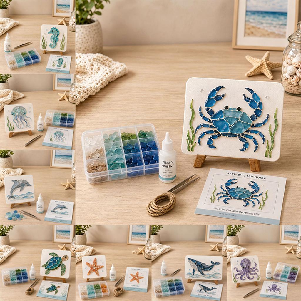 Ocean Theme Glass Art DIY Kit Glass Diamond Painting Craft Set Marine DIY Art Supply Sea Animal Wall Hanging Decor Handmade Gift