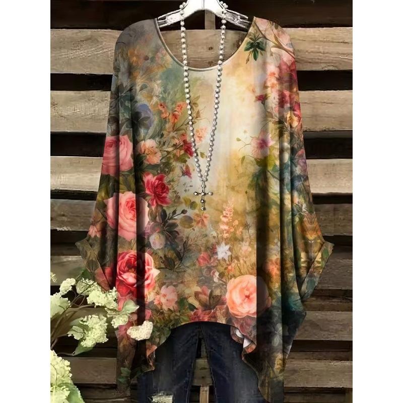 Lady's elegant floral print T-shirt, loose fit, round neck short sleeves, machine washable, casual and comfortable top