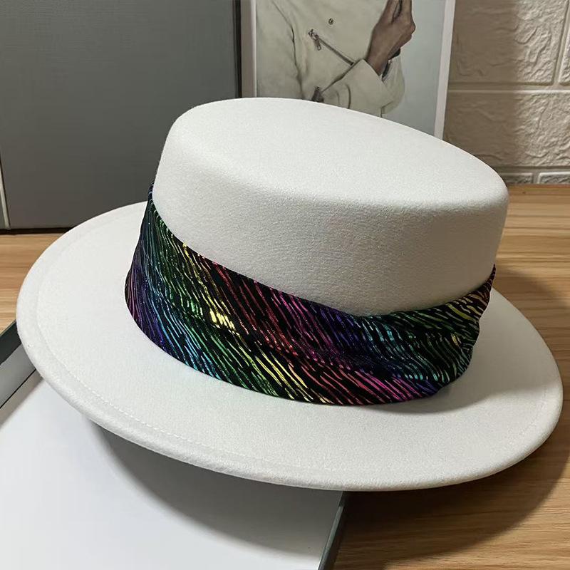 Flat Top Hat Women's Autumn and Winter New French Retro Imitation Wool Celebrity British Style Flat Brim Big Edge Hat Hepburn Hat
