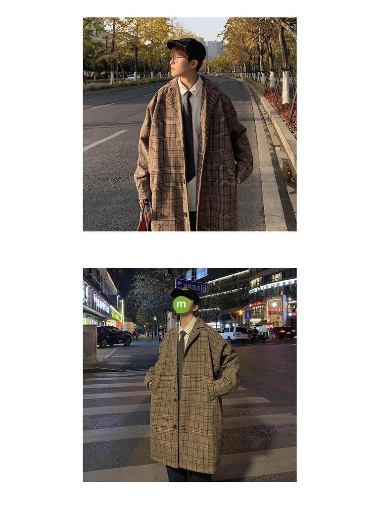 Men's Mid-Length Plaid Wool Coat: Trendy, Hong Kong Style, Loose-Fit Windbreaker for Autumn and Winter.