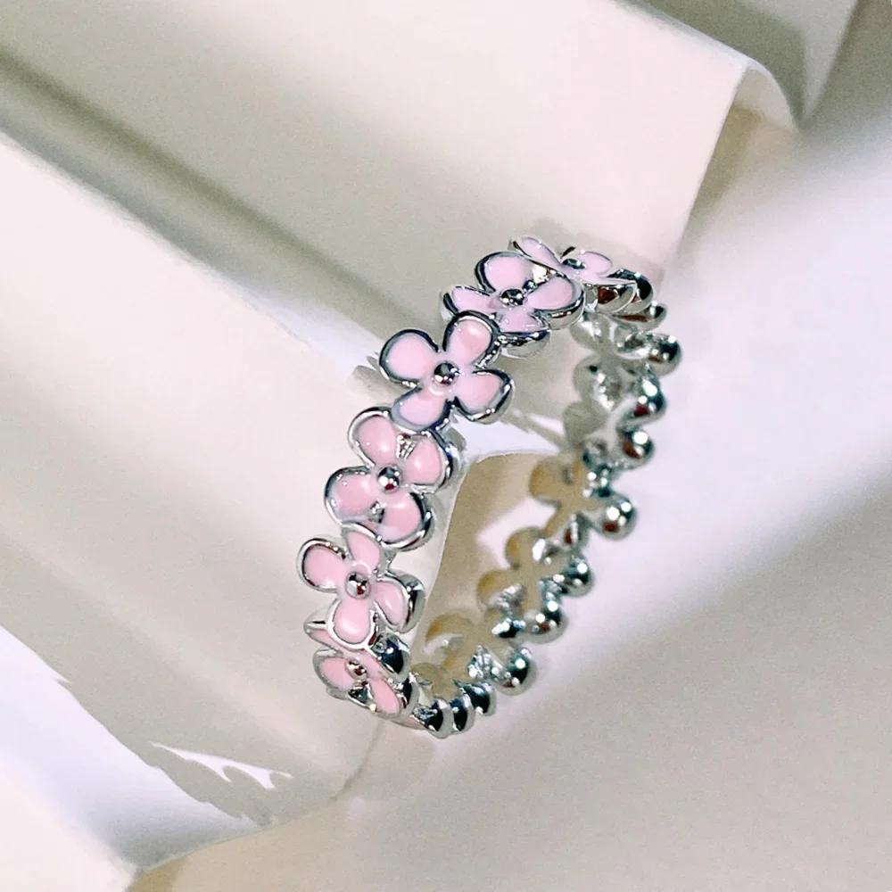 Aesthetic Enamel Flower Finger Ring for Women Wedding Party New Silver Luxury Cubic Zirconia Jewelry Gift