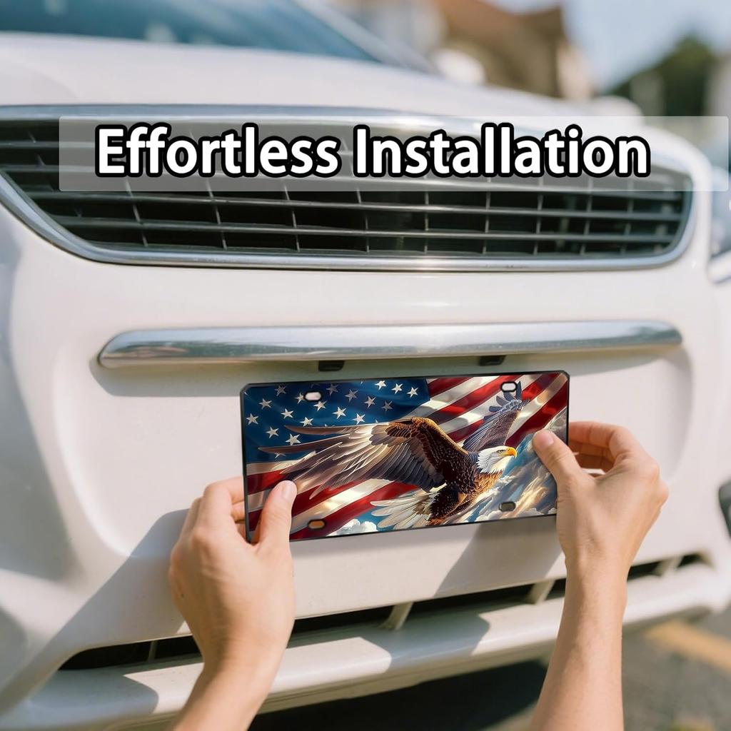 Front License Plate Cover - License Plate With American Flag & Eagle, Aluminum Decorative License Plates, Patriotic Novelty Vanity Tag, Car Decor