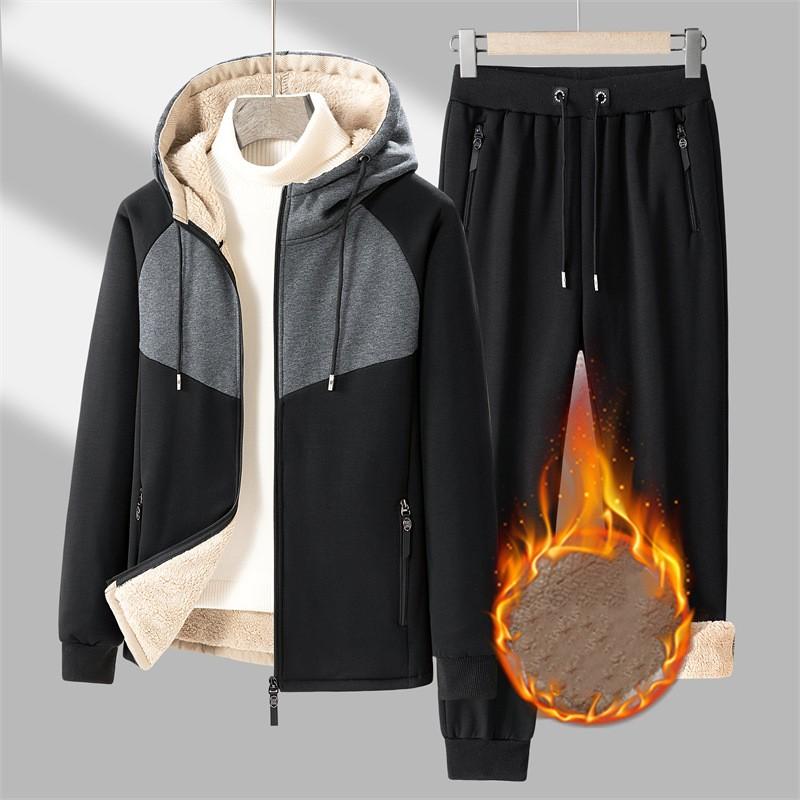 Men's Autumn and Winter with Cashmere Thickened Warm Lamb Cashmere Sports Two-piece Hooded Cardigan Sweatshirt Trousers New Suit