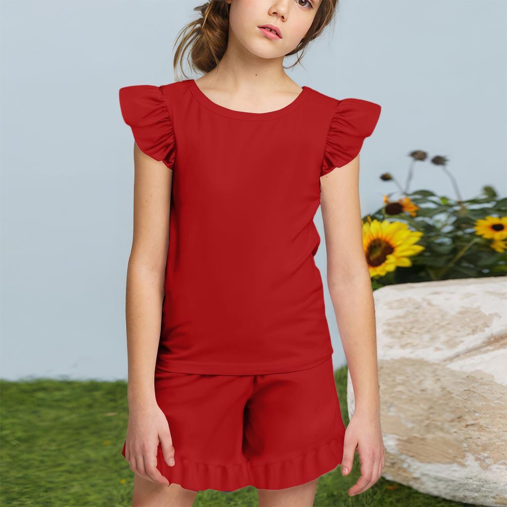 Summer Girls Cute Suit Flying Sleeves T-shirt Top + Ruffled Shorts Daily Outdoor Wear Cute Casual Fashion 2-Piece Set