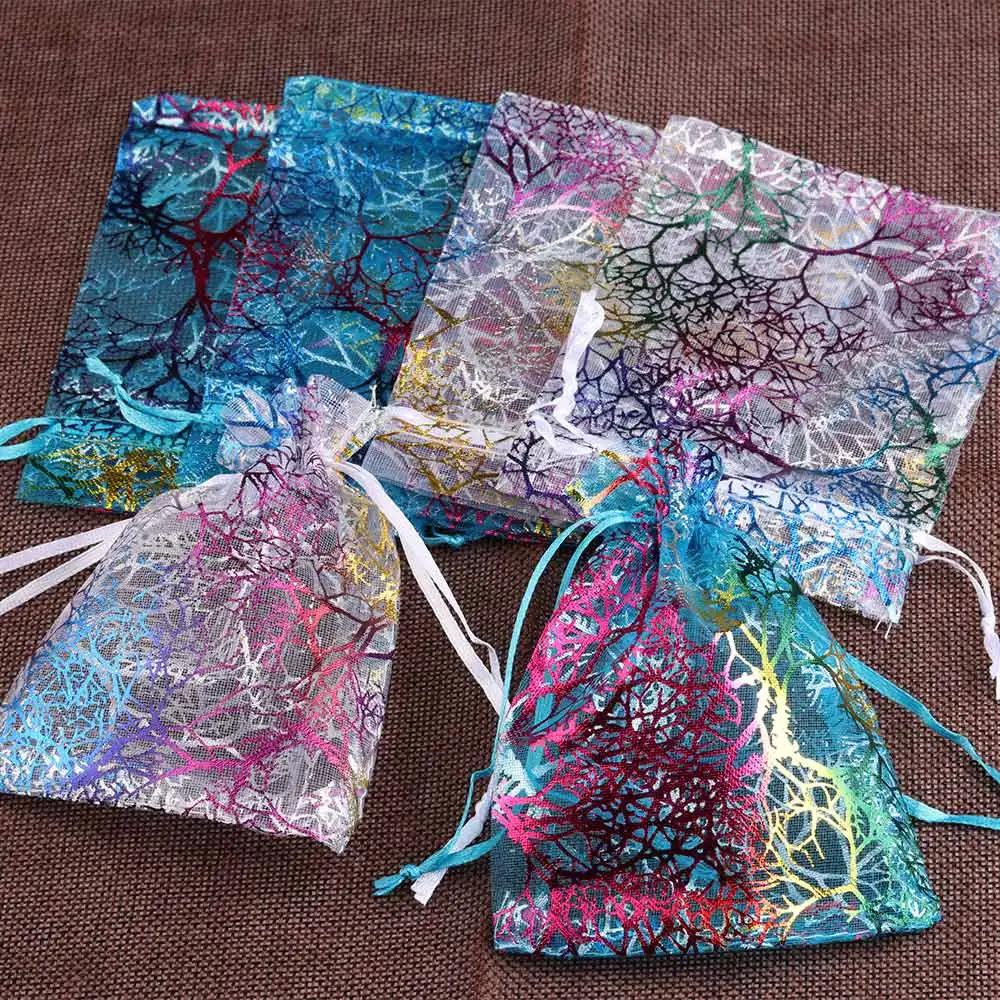 100pcs Organza Gift Bag Jewelry Packaging Drawstring Bag Multi-size Colorful Trees Printing Wedding Candy Bag Party Supplies