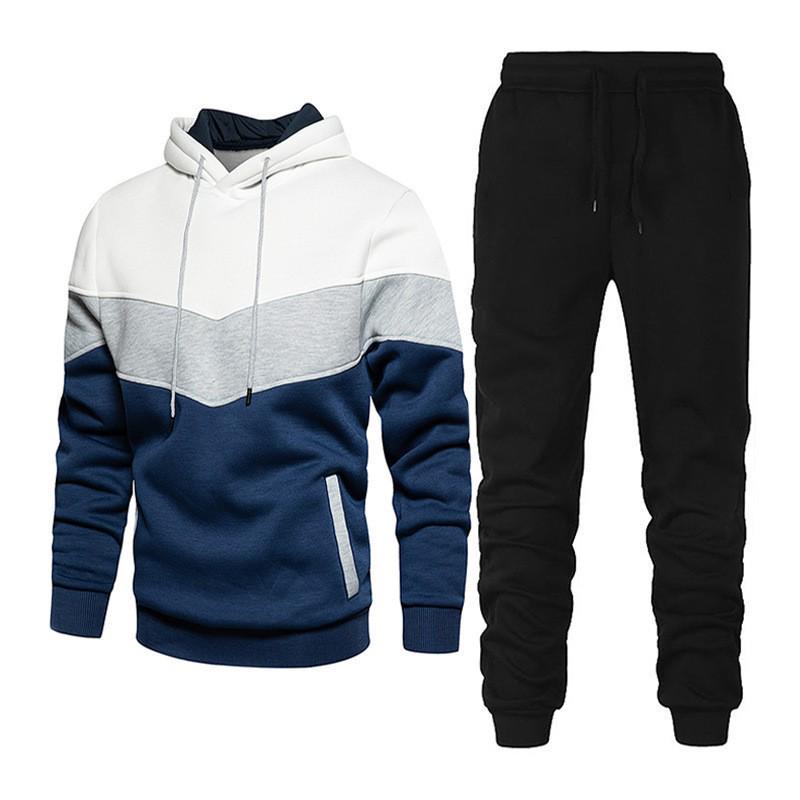 2026 Men's Three-Color Patchwork Hoodie: Trendy Versatile Casual Sports Sweatshirt Set