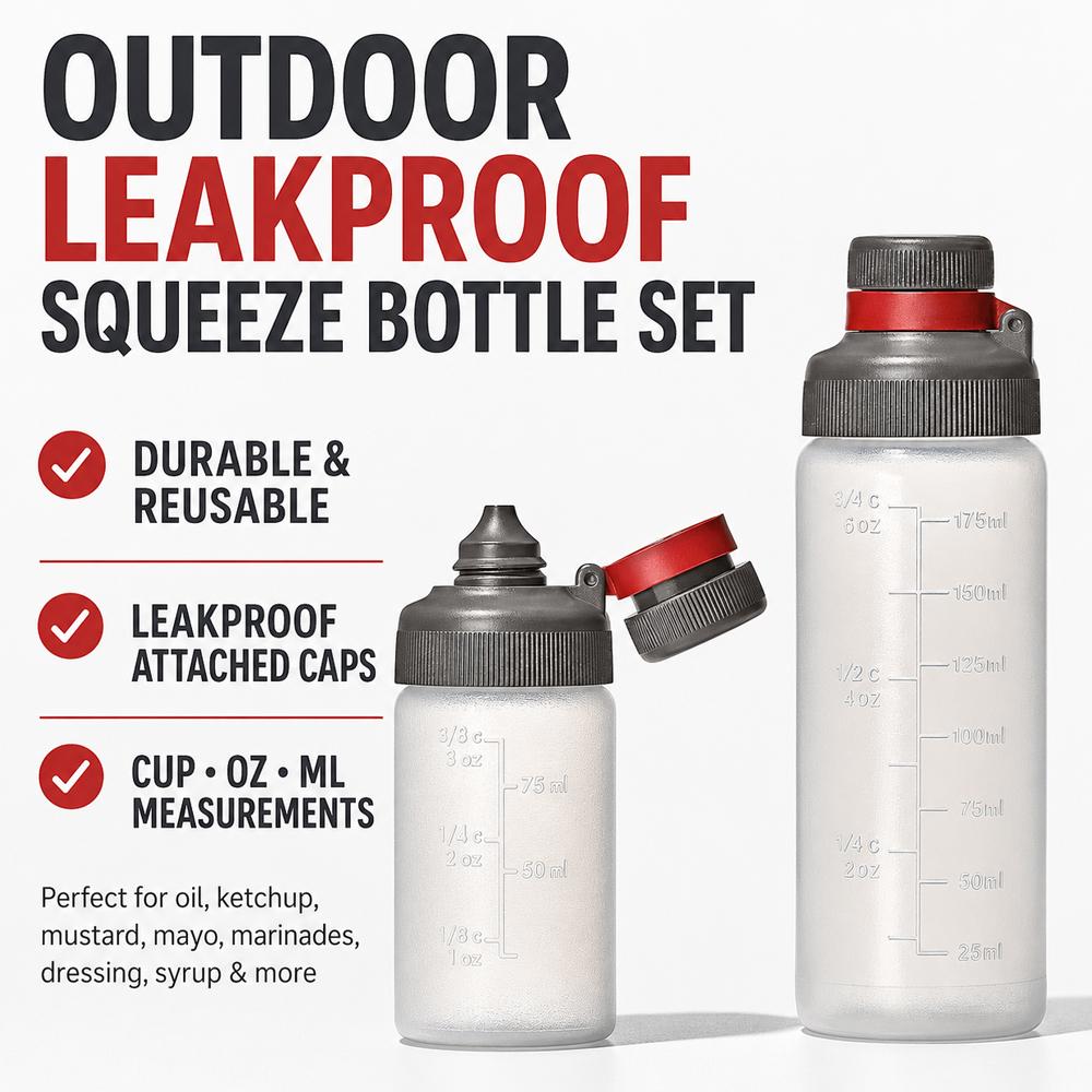 Portable Squeeze Bottles with Attached Caps Leakproof Reusable Sauce Containers for Ketchup Mustard Mayo Camping Picnic BBQ