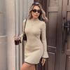 Women's Mock Neck Ribbed Sweater Dress, Long Bell Sleeve Bodycon Mini