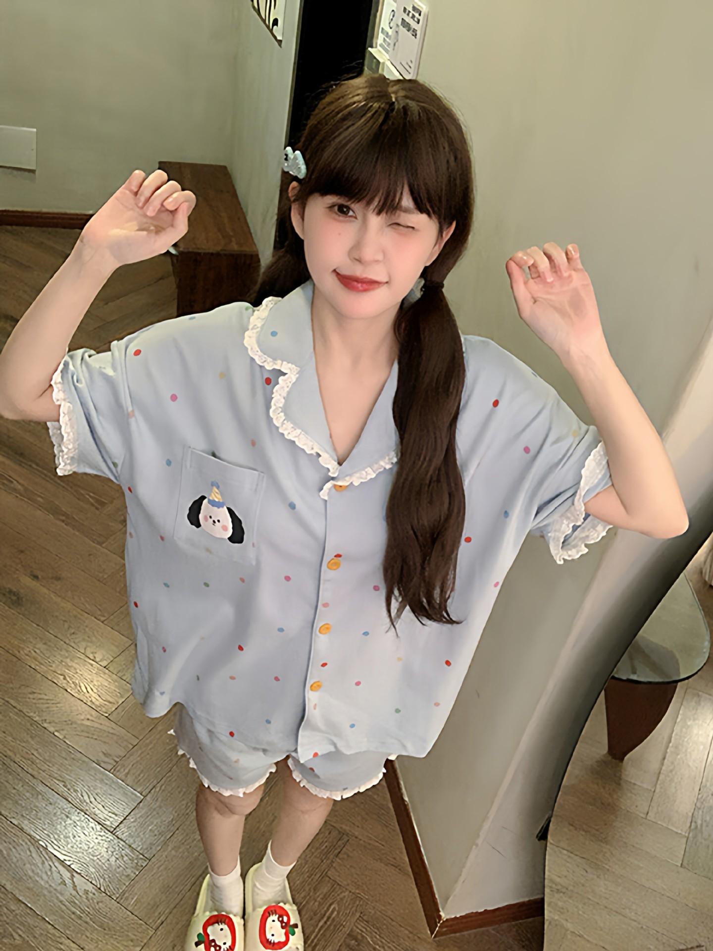 

Color polka dot simple ins wind puppy pajamas women s summer short-sleeved shorts cardigan lace two-piece loungewear S
