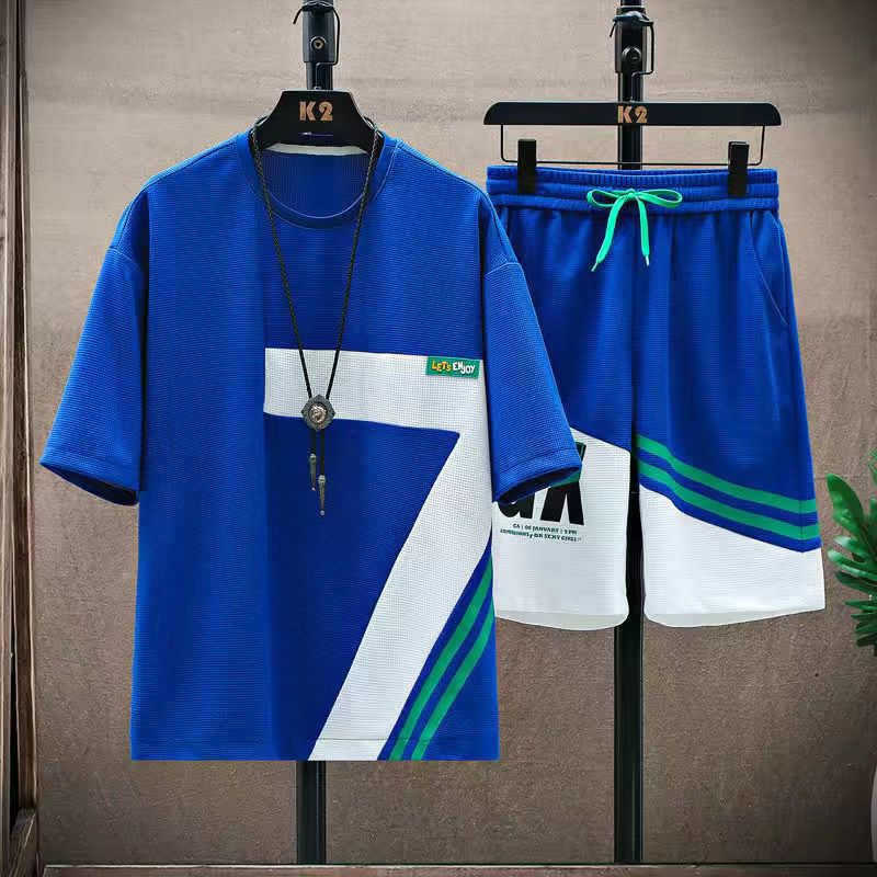 

Plus-Size Men s Summer Outfit: Short-Sleeve T-Shirt & Shorts Set – Ideal for Teens, Suitable for Sports, Casual Wear, and Jogging L синій